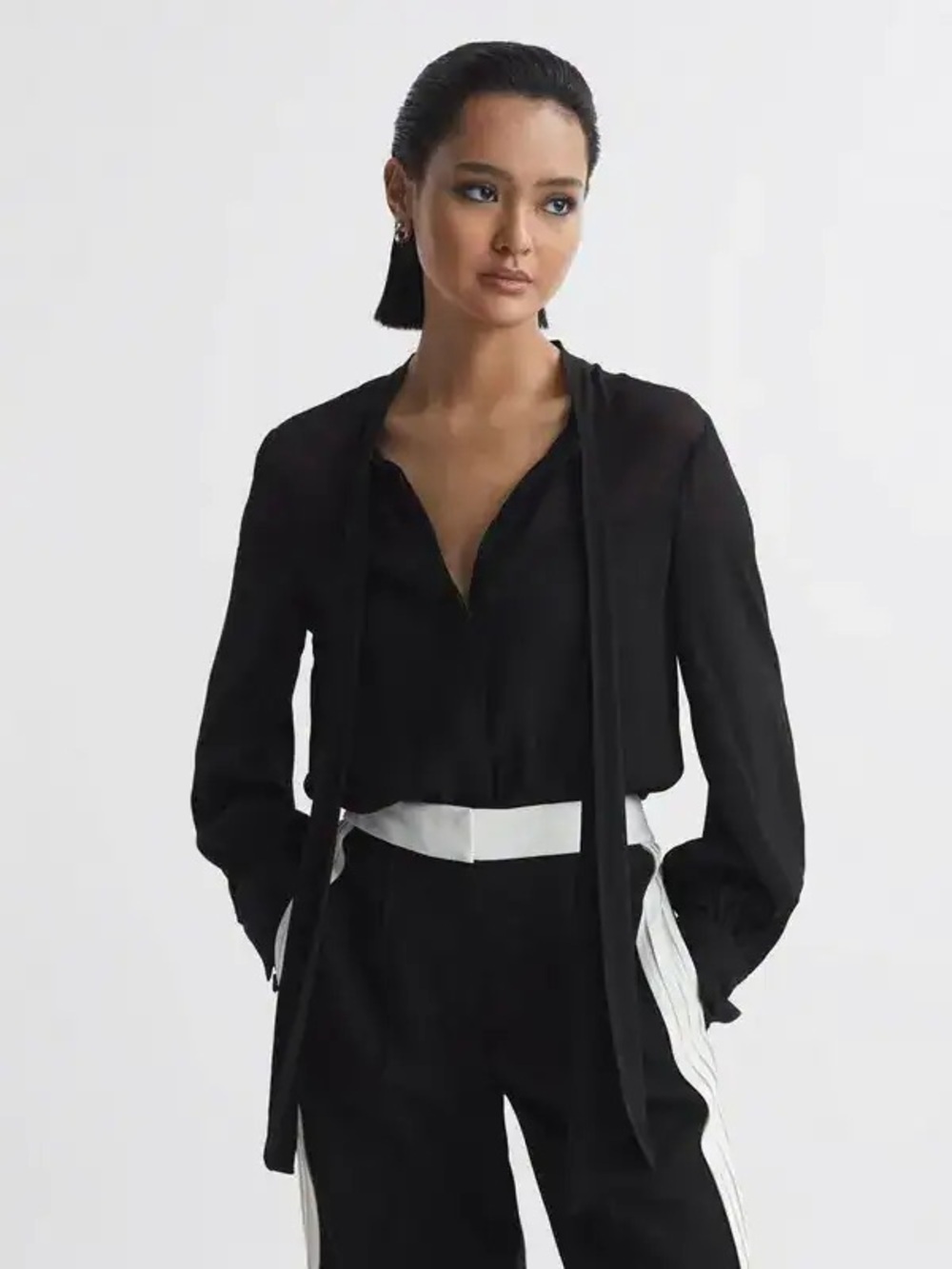 Reiss Black Arina Tie-Neck Blouse